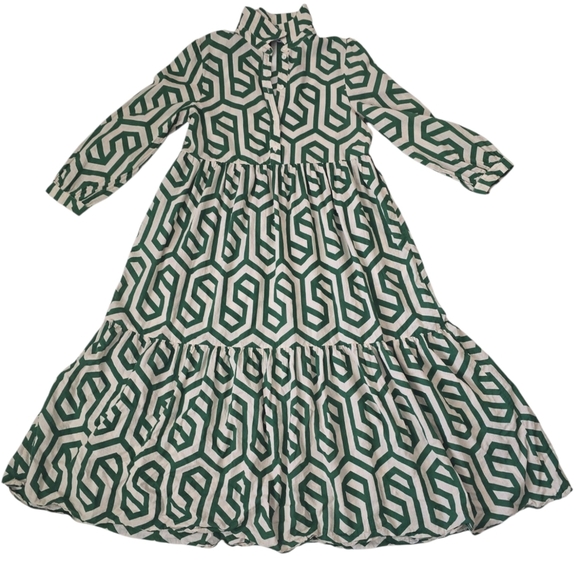 Zara Ecru White Green Geo Geometric Print Karen Tiered Midi Size S - Picture 3 of 16